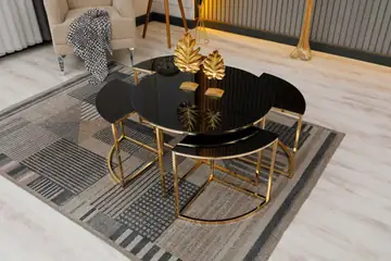 Zigonzi Home, 4+1 Pizza, Gold Metal, Siyah Cam, Orta Sehpa